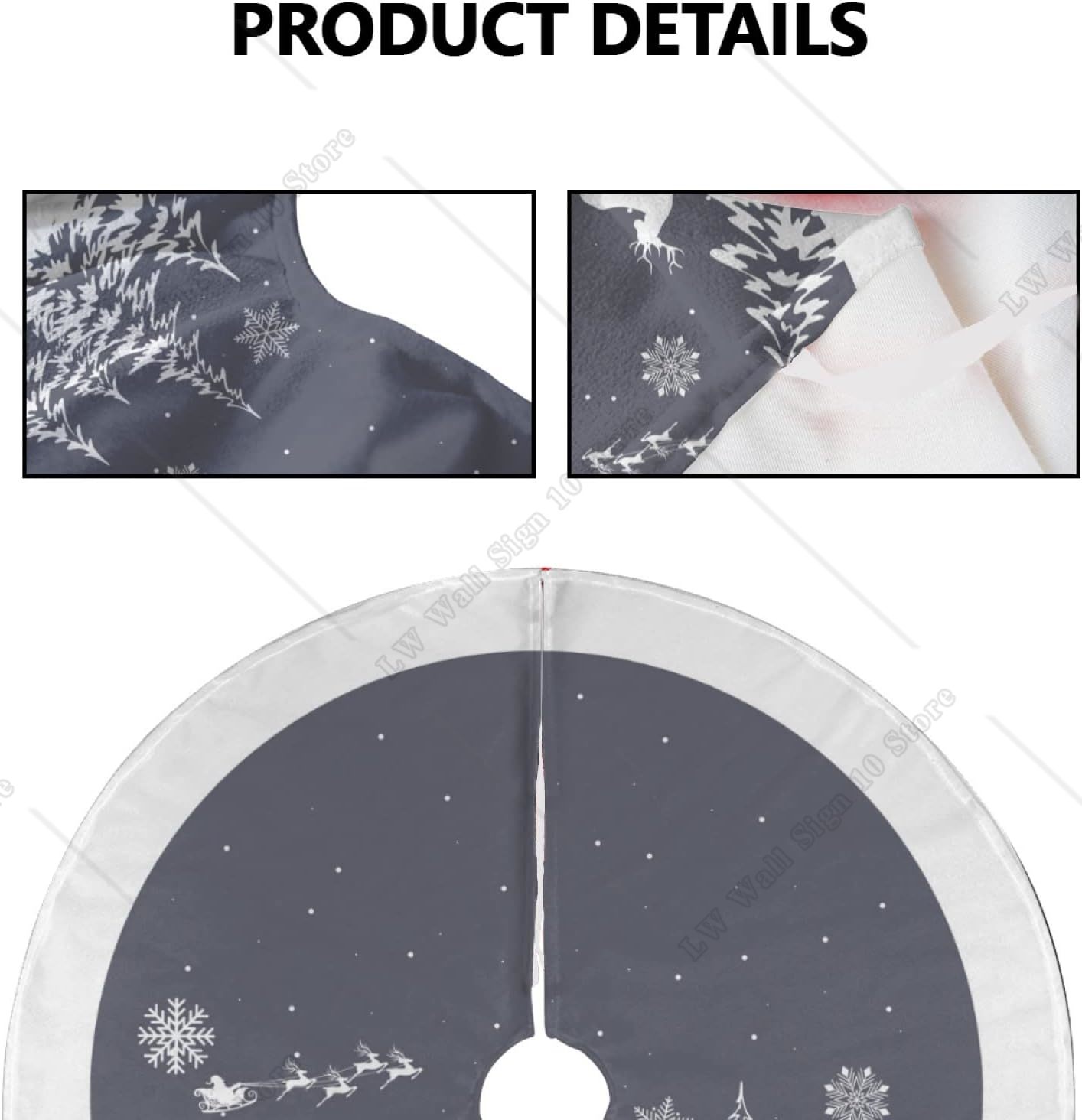 White Grey Christmas Tree Skirt with Cute Santa Claus Reindeer Snowflake Xmas Ornaments Mat for Indoor Holiday Party Decoration