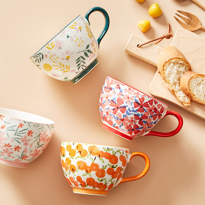 Breakfast Cup Ceramic    Large capacity floral oranges oatmeal water microwave heating milk coffee afternoon flower tea cups