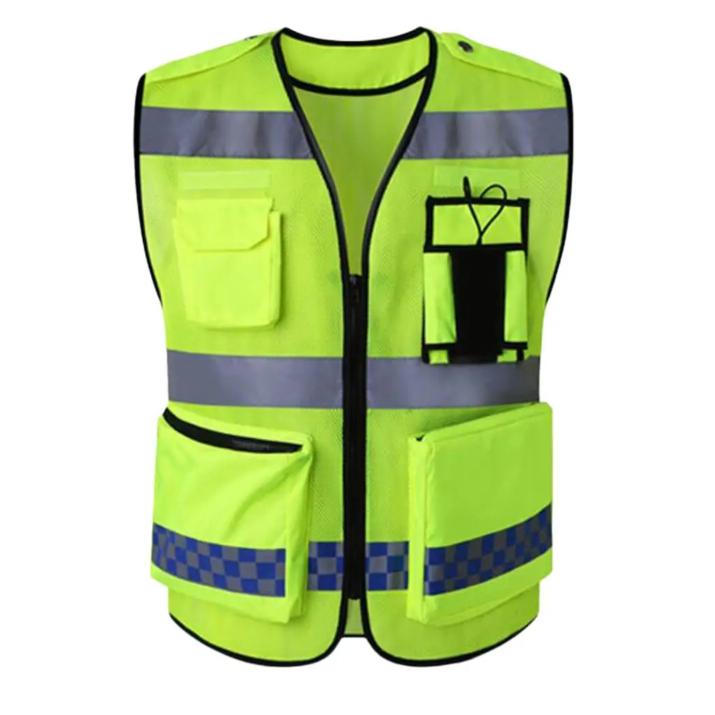 Multi Pockets High Visibility Zipper Front Safety Vest With Reflective Strips, Premium Style-D