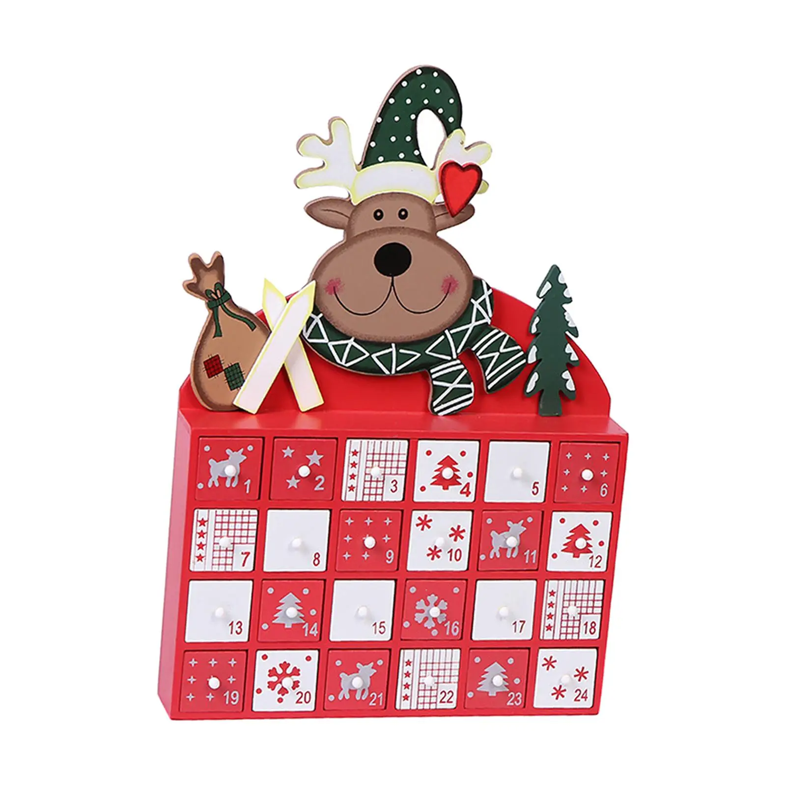 Wooden Calendar Box Reindeer Pattern with Storage Drawers Candy Organizer Fillable for Holiday Desktop Home Tabletop Ornaments