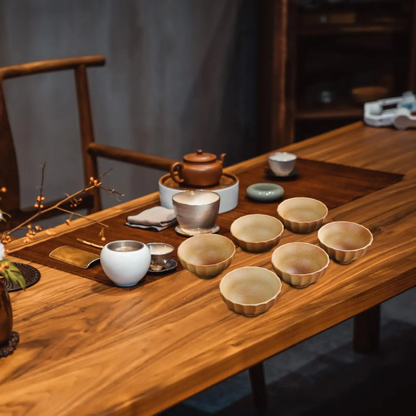 6 Pieces Japanese Cup Set Stoves Boiled Tea Traditional Petal Shape Kung Fu Tea Cup Mug for Hotel Cafe Home Office Matcha Tea