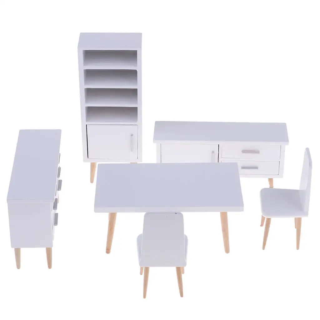 1:12 Wooden Dollhouse Miniature Kitchen Furniture and Accessories, 6pcs (1 Table, 2 Chairs, 2 Cabinet, 1 Bookshelf)