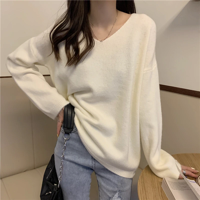 V-neck Pullovers Women Solid Candy Colors Sweet Harajuku High Street Loose-fit Long Sleeve Sweaters Ulzzang Knitted Pullover Ins striped sweater