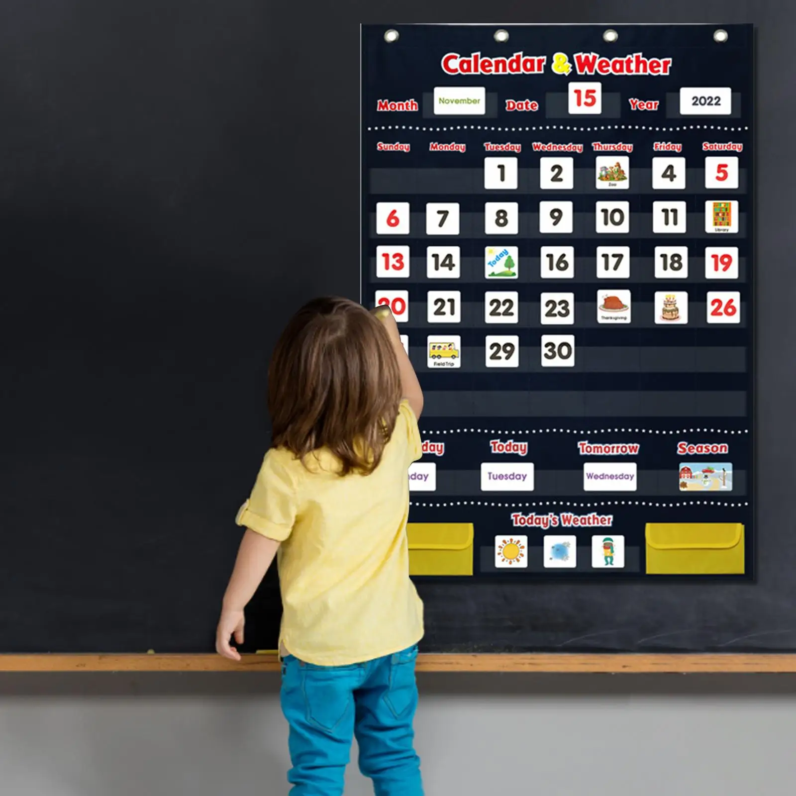 Classroom Calendar Pocket Chart for Home & School 18x 24 Duyifan Calendar and Weather Pocket Chart with 98 Cards Weekly Calendar with Weather Pocket Chart Elementary for Classroom Home 