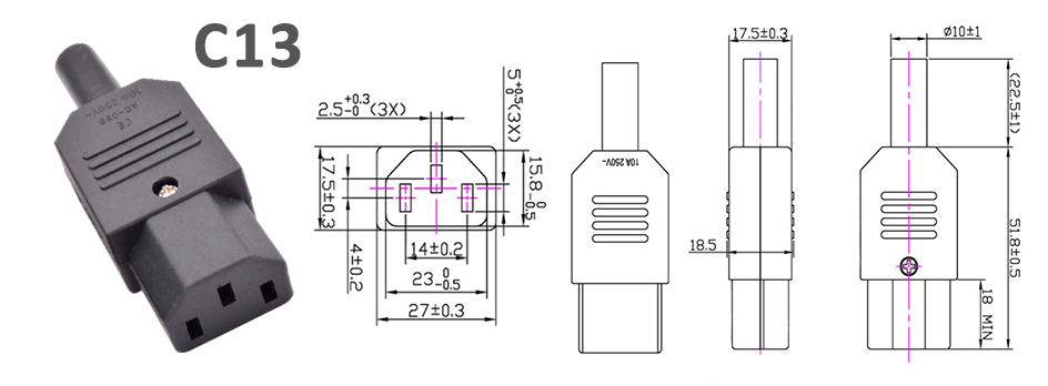 5/10pcs IEC 320 AC Power Connector C13 C14 Rewireable 10A 250V Black Electrical 3 Pin Female Male Straight Cable Plug Socket