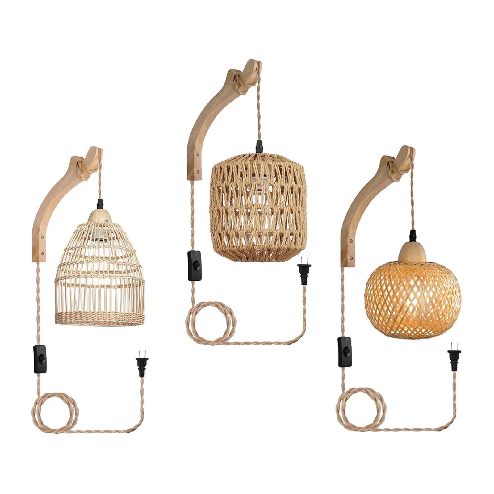 Woven Hanging Light Fixture 9.84ft Adjustable Cord Rustic Wall Sconces Plug in Pendant Lights Plug in Ceiling Light for Hall