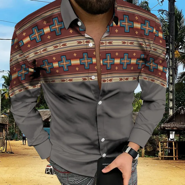 Mens Vintage Button Shirts Western Ethnic Blouse Long Sleeve