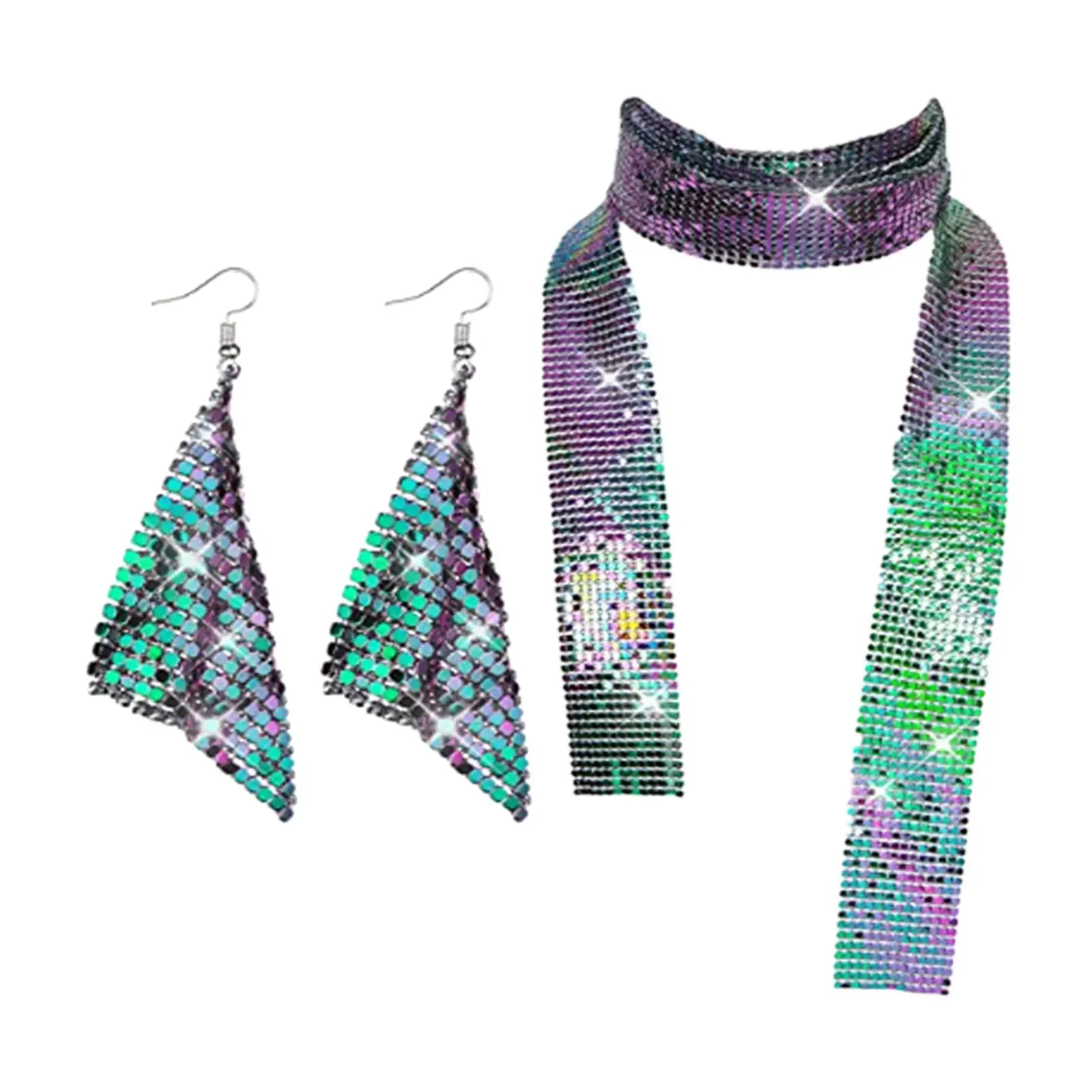 Glitter Tie Shawls Long Tassels Dangle Earrings Metal Sequins Neck Tie Scarf for Daily Wear