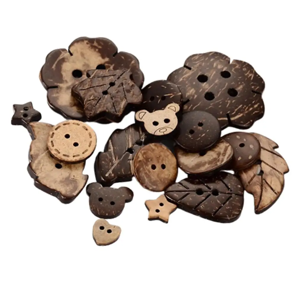 100 Pcs Mixed Color Wood Buttons, Coconut Shell Shapes Retro Buttons, Vintage Buttons with 2 Holes for DIY Sewing Crafts
