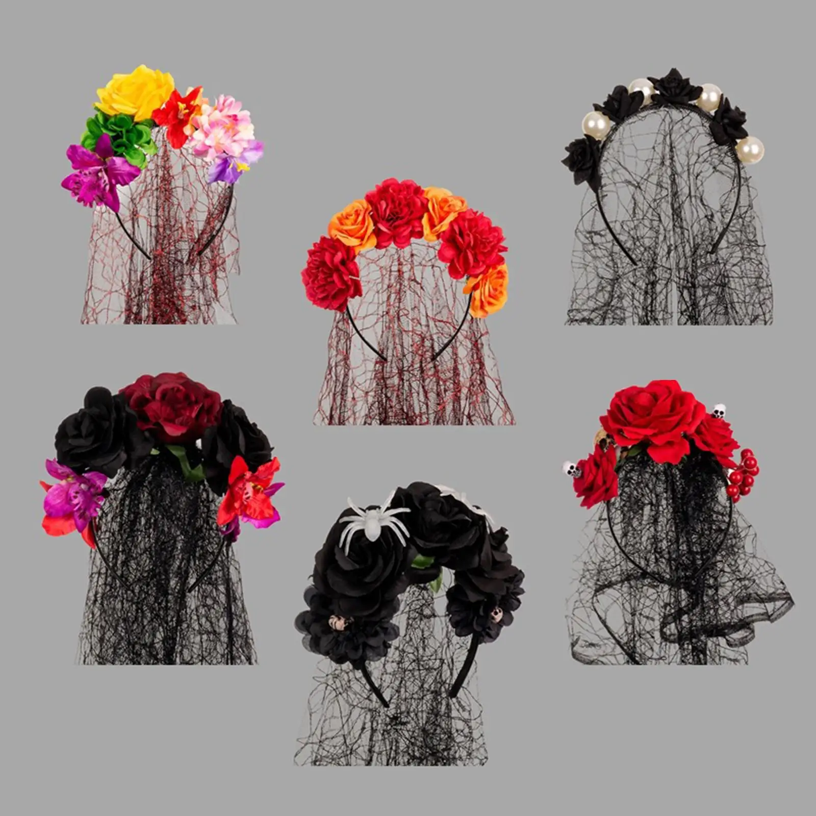 Halloween Veil Flower Headband Cobweb Wedding Bride Gothic Garland Headpiece Headdress for Cosplay Festival Role Playing Girls