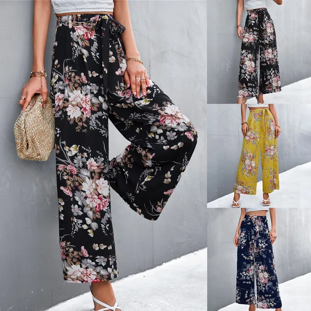 Vintage Printed Pants Women Summer Casual Floral Lace Up Wide Leg