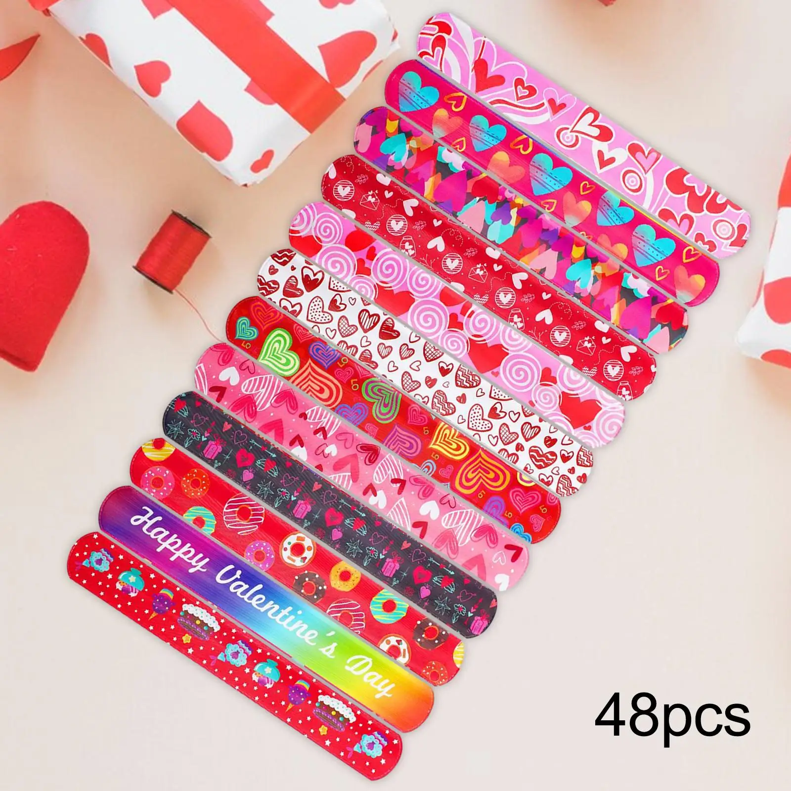 48Pcs Valentine`s Day Slap Bracelets Colorful Heart Design 22cm Gift Exchange Valentine`s Day Decorations Toy Slap Band for Boys