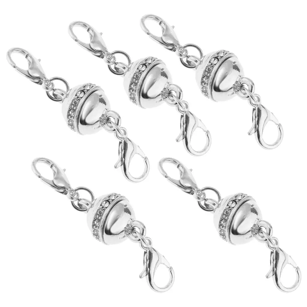 5 Pieces Silver Matic Clasp Rhinestone Ball Style, Lobster Clasp 40x10mm