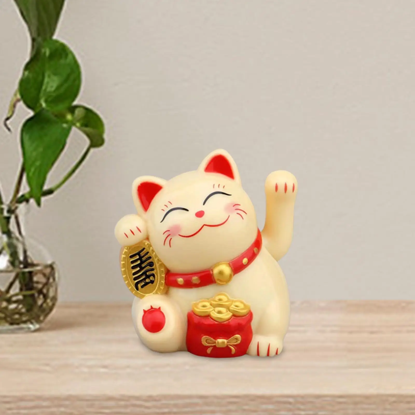 Cute Cat with Waving Arm Small Cat Figurines Feng Shui Ornament for Desktop Shelf Living Room Decoration Car Dashboard Decor