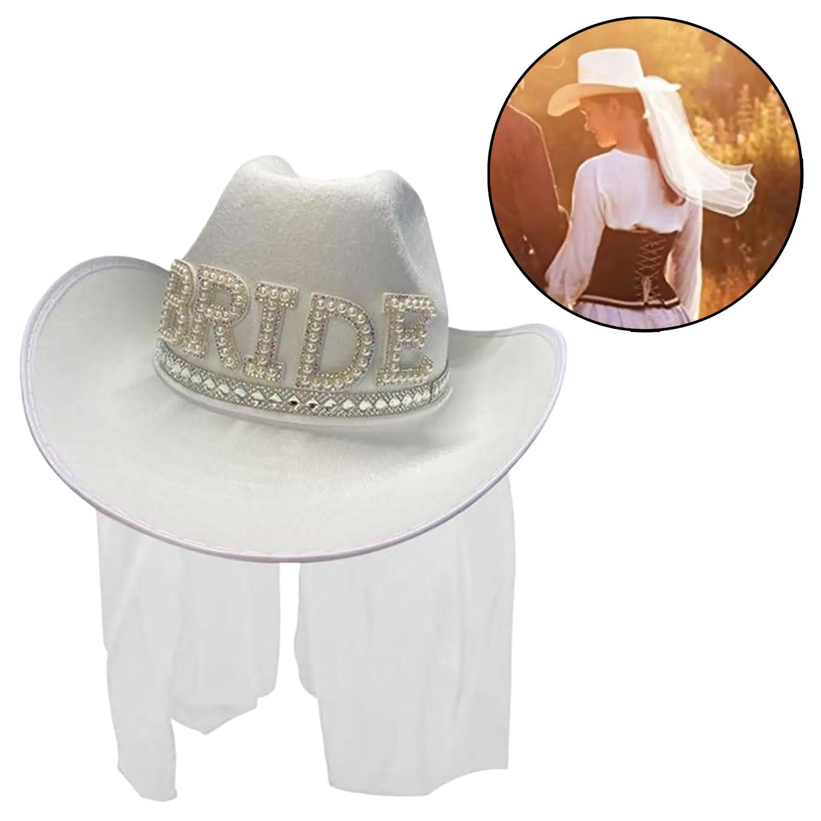 Western Style White Rhinestone Bride Veil Cowboy Hat for Pretend Play Bridal