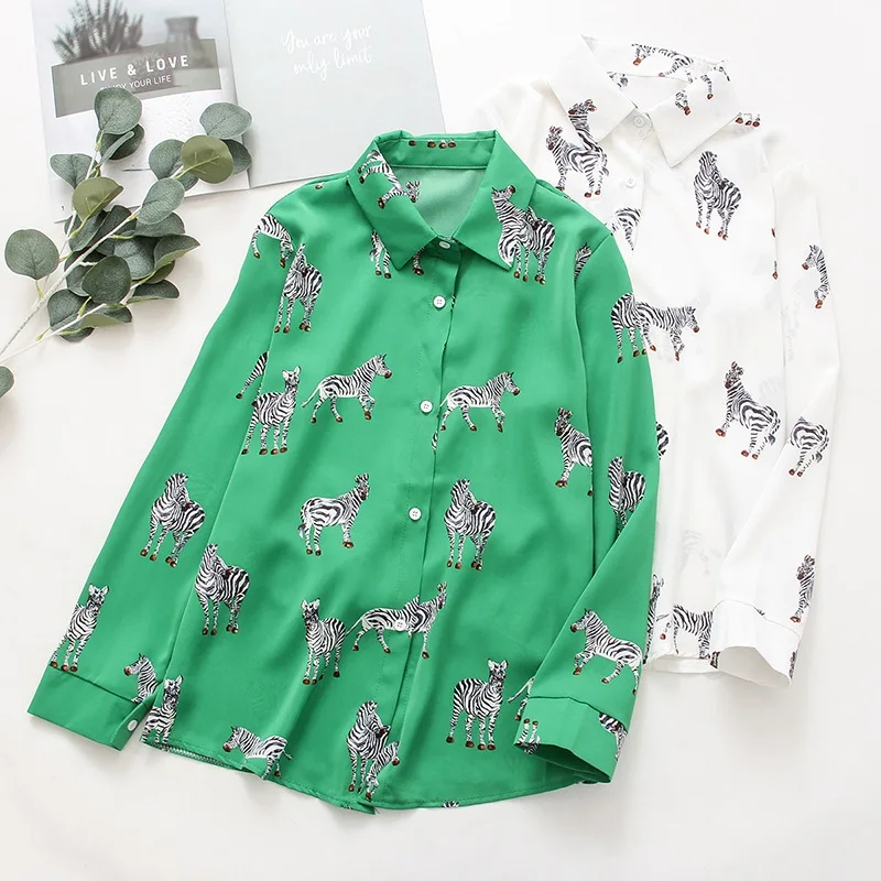 Blusa cetim estampada zebra para mulheres, camisas