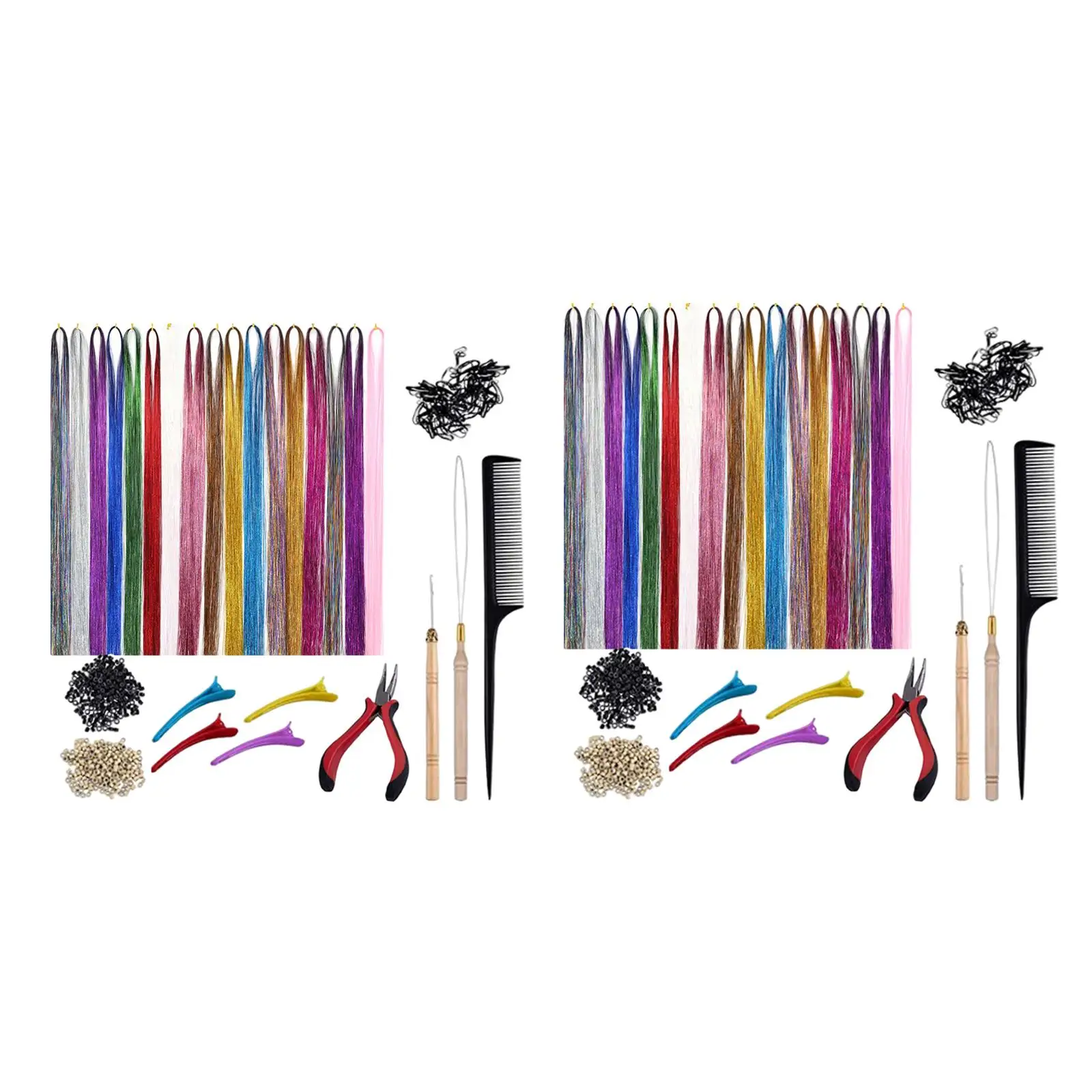 Hair Extension Tinsel Kit with Tools 200Pcs Rings Beads Multi-Color for Cosplay Hair Styling Salon Braiding Hair Women Girls