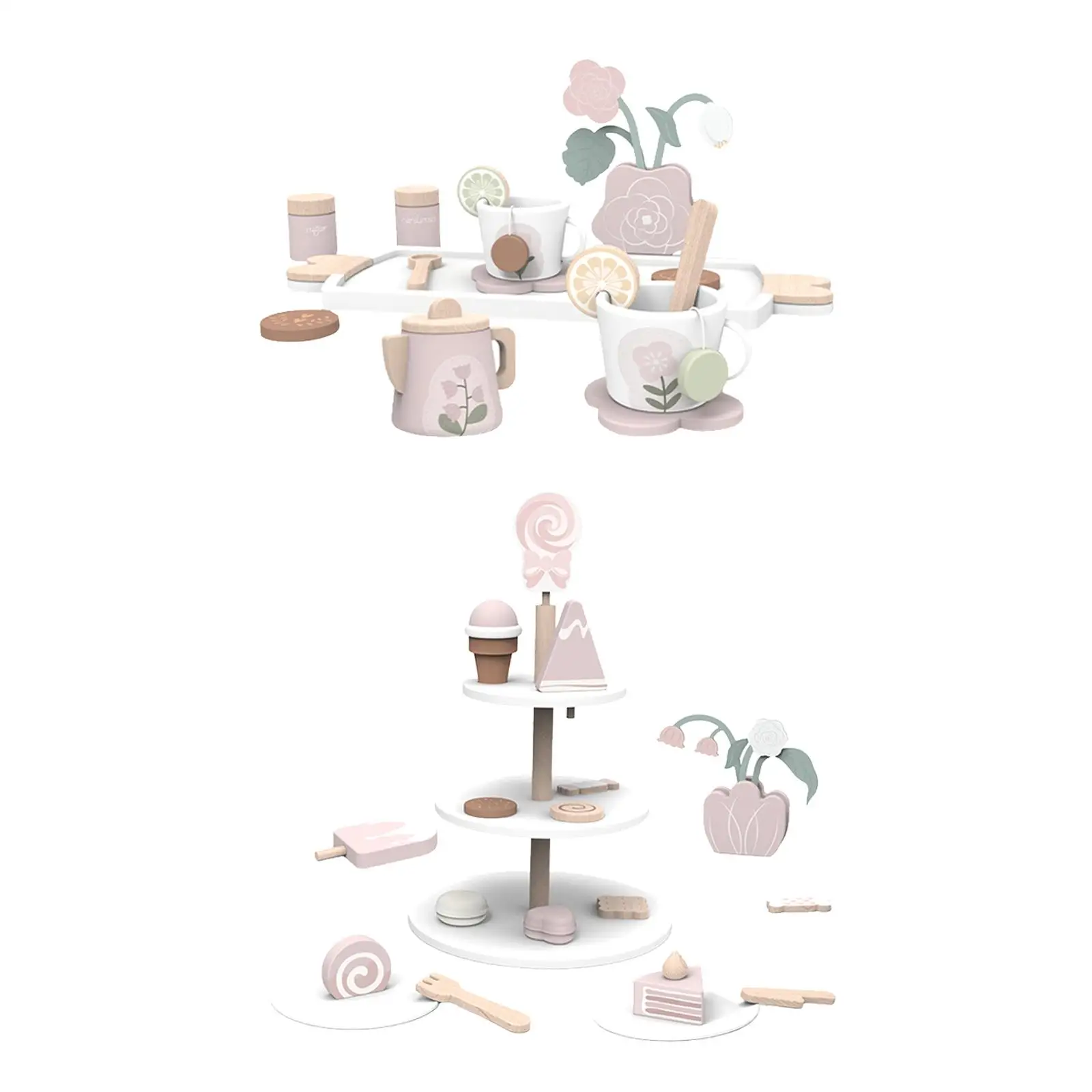 Wooden Cake Stand and Cakes Toy Kitchen Playset for Kids Tea Party Boy Girl