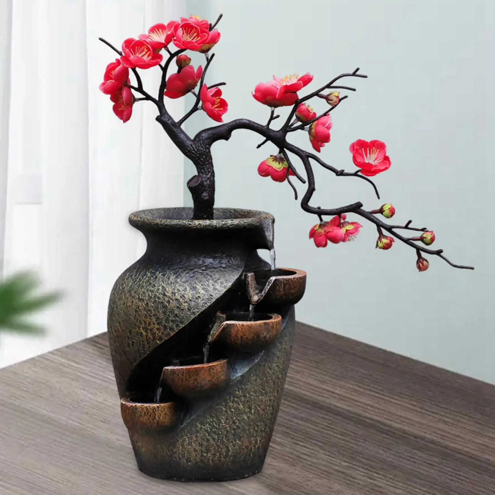 Creative Indoor Water Fountain Flower Vase Design Soothing Relaxation Landscape Ornament for Desktop SPA Garden Home Decorations
