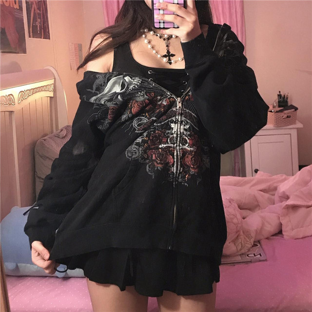 Dourbesty Vintage Gothic Grunge Skull Print Zip Up Hoodies