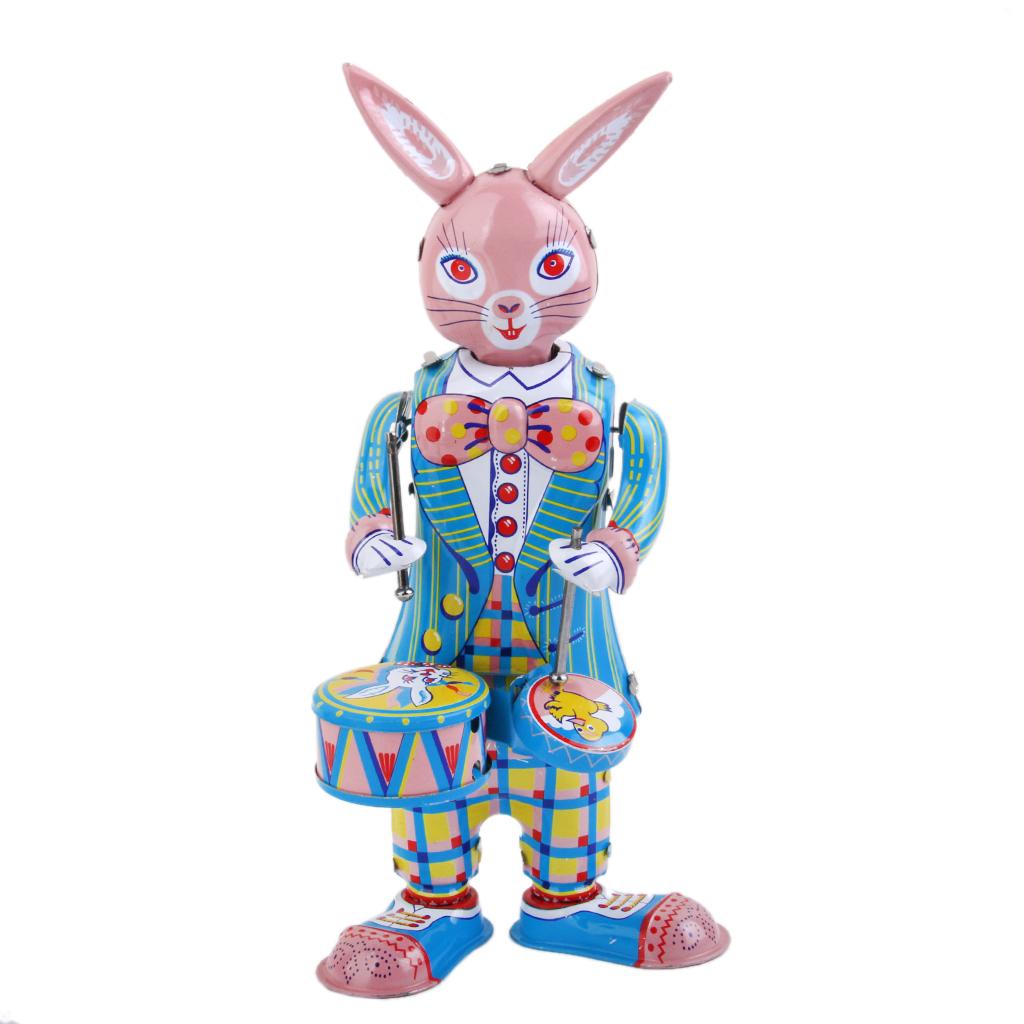 Vintage Wind Up Mr. Rabbit Bunny Drummer Clockwork W/ Key Tin Toy Xmas Gift