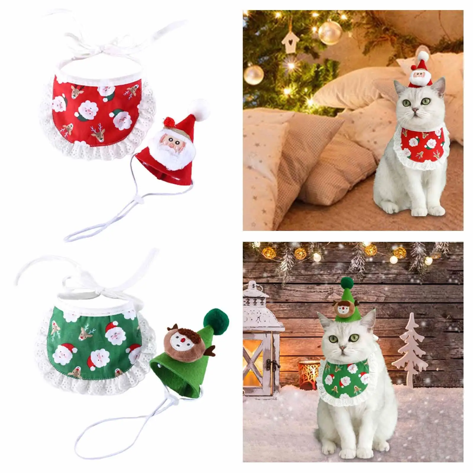 Xmas Cats Dogs Hat and Bib Set Holiday Cute Decor Neck Accessories Headdress