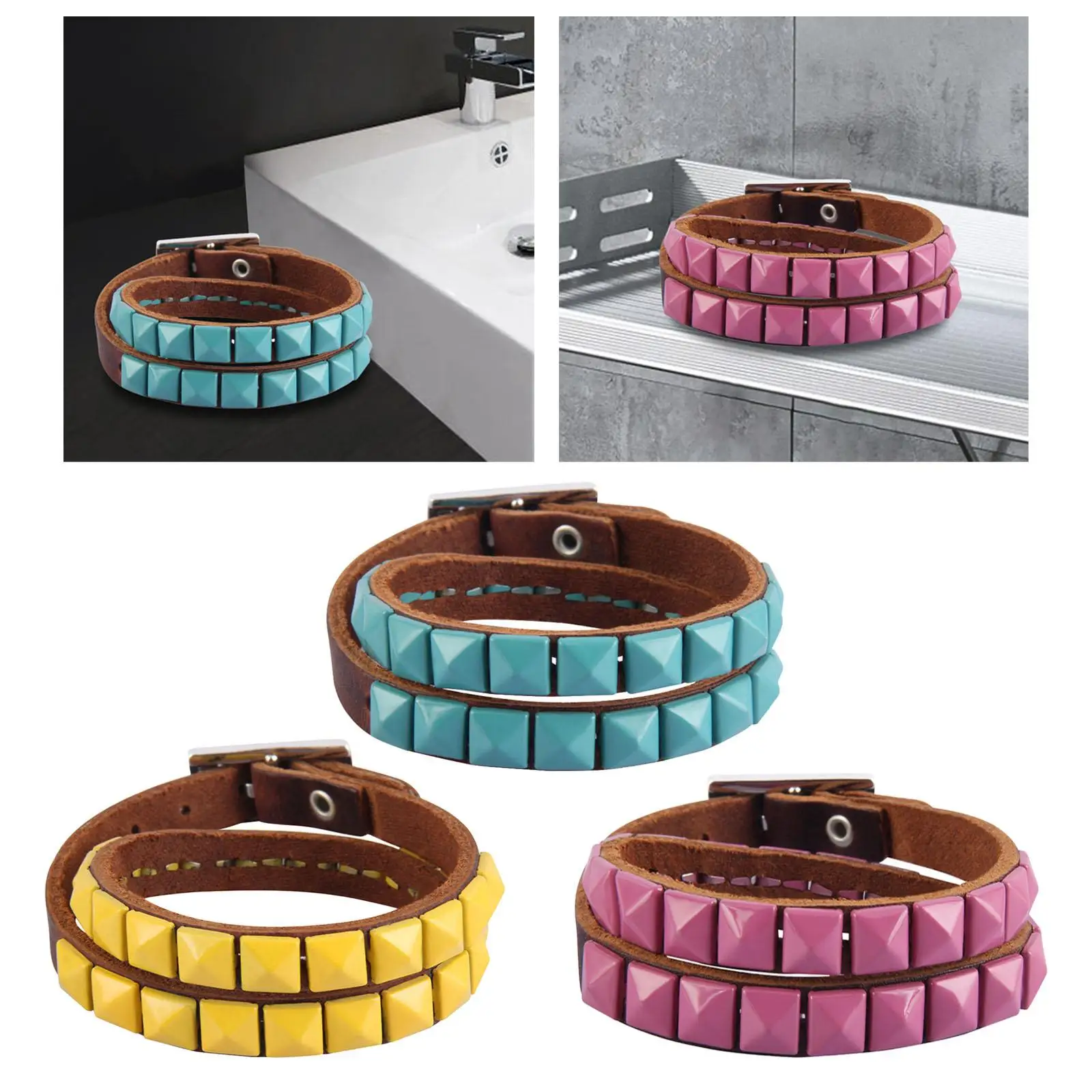 PU Leather Studded Bracelet Buckle Clasp Cuff Bangle for Men Women Costume Accessories