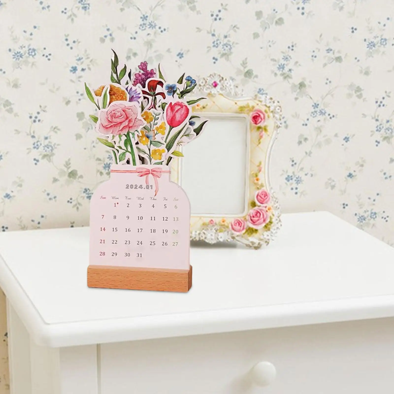 2024 Desk Calendar Vase Shaped Wooden Base Decor Small Monthly Calendar Planner Flower Desktop Calendar for New Year Office