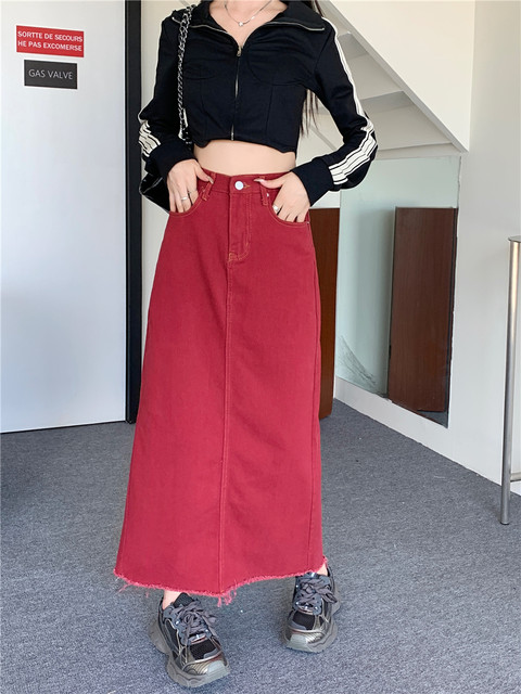 Women's Red High Waist Ankle-length Denim Skirt Summer Autumn New