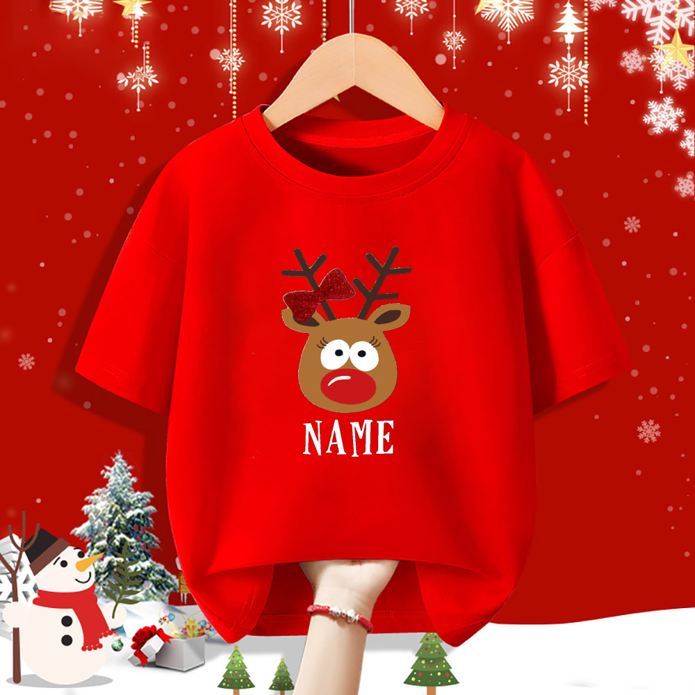 Personalisiertes Kind Weihnachten Rotes Hemd Hirsch Name Kind Kurzarm Kleidung T-Shirt Geschwister Passendes Weihnachtsoutfit Kinder T-Shirts – Detail 8