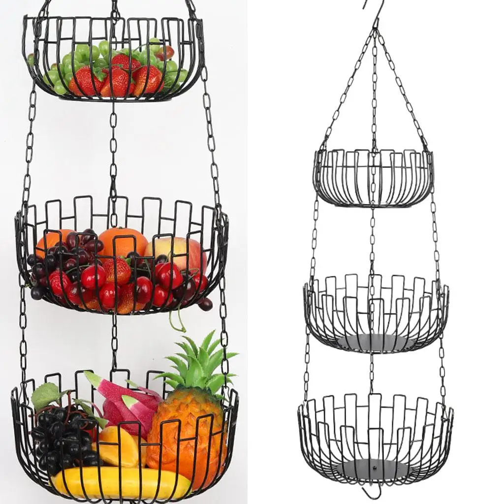 Iron Tier Hanging Fruit Basket Holder Storage Saving Decor