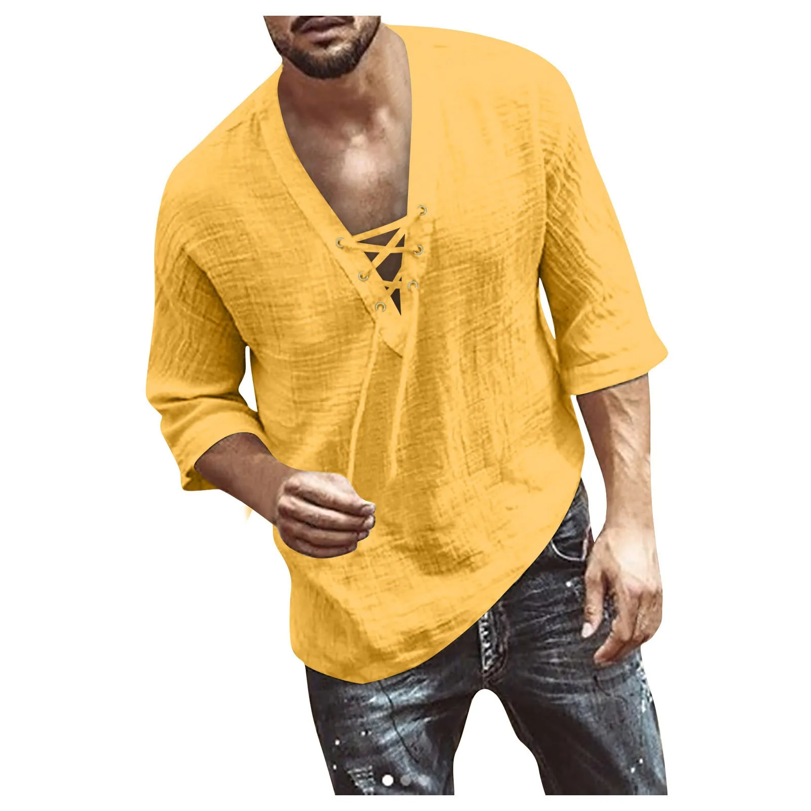 Camisas informales de lino y algodón para hombre, camisas holgadas con botones y cuello levantado, Tops de manga larga de Color sólido para primavera y verano