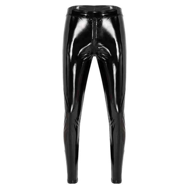 Fashion Men Leather Pants Black PU Leather Leggings Wetlook Tights