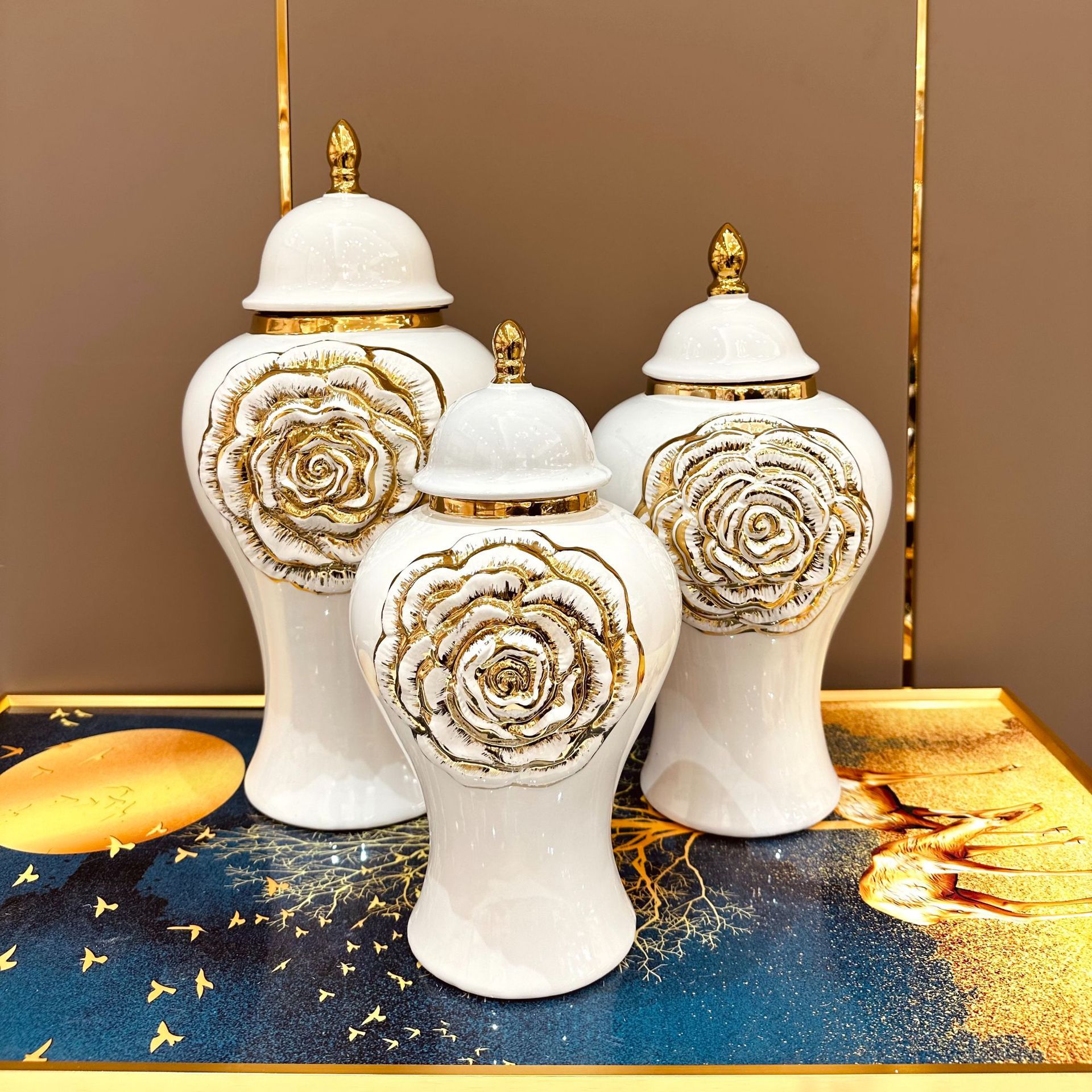 Gold Rose Relief General Can Ginger Jar Porcelain Storage Tank Flower Vase Desktop Storage Organization Home Decoration