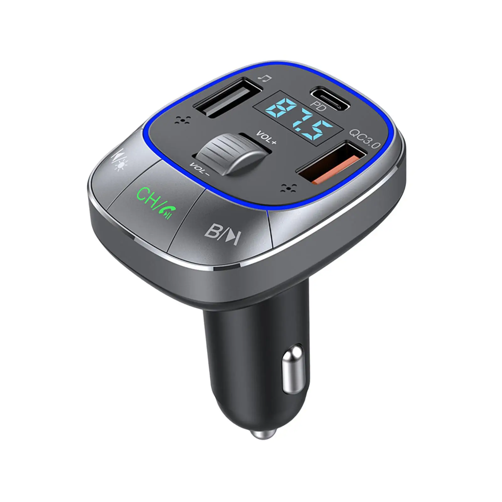 Bluetooth Car Adapter Hands Free Fast Charger 360 Degree Surround Sound PD 30W QC 3.0 Bass Boost FM Transmitter for Car V5.0