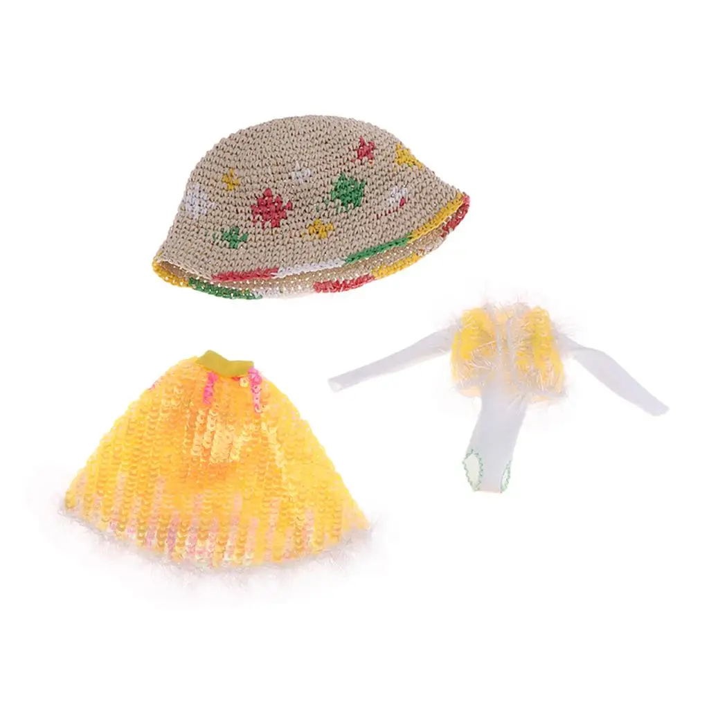 Sweet 12`` Doll Girl Princess Dress Top Jumpsuit Hat Summer Outfit for Neo Blythe Azone Licca Doll Costume ACCS (Yellow)