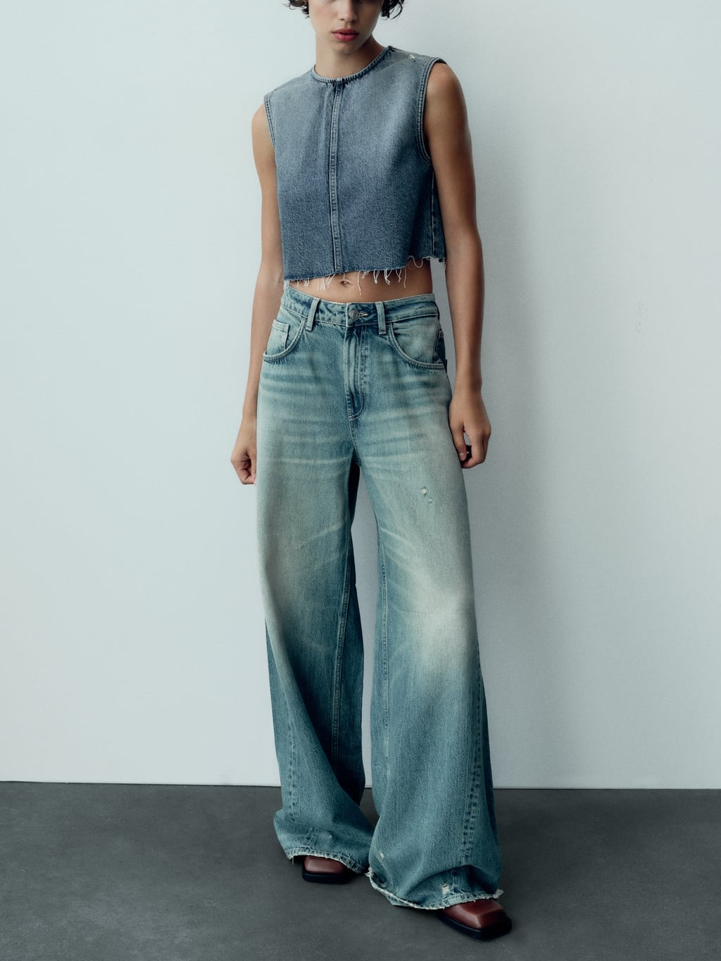 Autunno Donna Giacca di jeans oversize Jeans a gamba larga Abito con risvolto Maniche lunghe Giacca di jeans Cappotto Jeans strappati a gamba larga a vita bassa_voghion.com