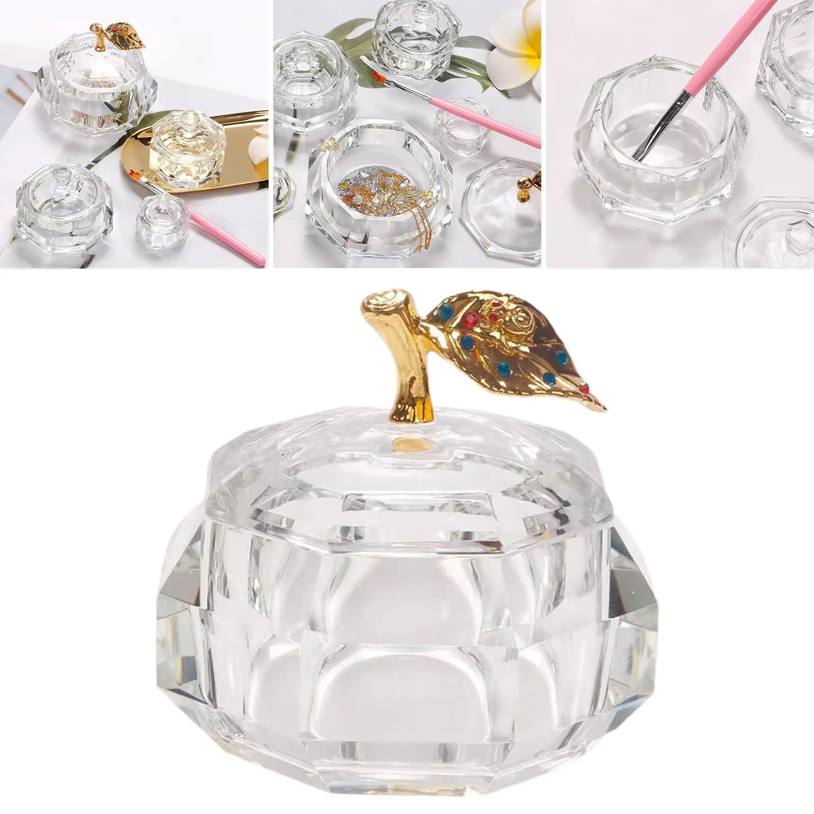 Glass Crystal Cup with Gold Lid Glitter Pigment Holder Container Nail Art