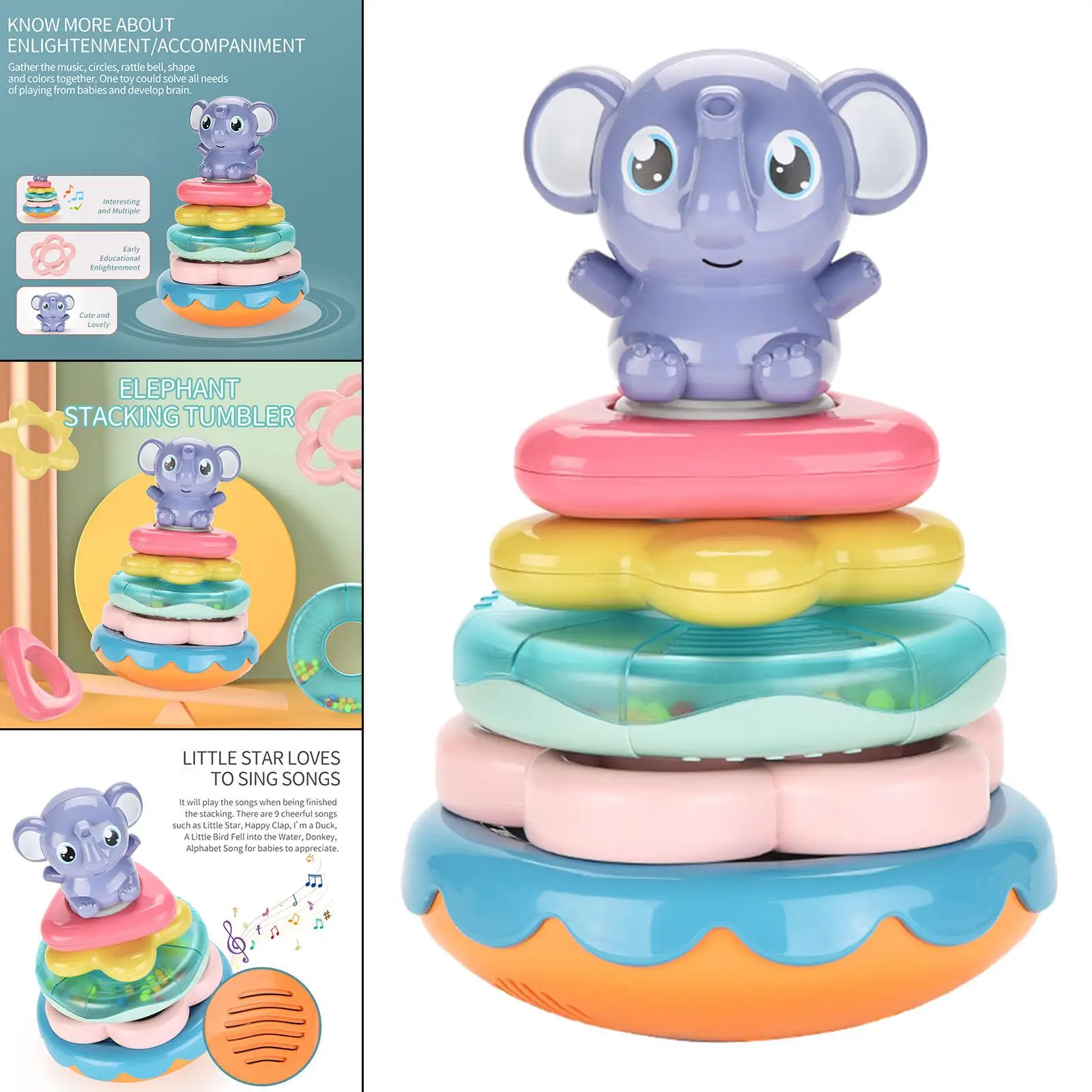 Building Rings Elephant Stacker with Sounds and Songs Interactive Toy Tumbler Toys Baby Musical Toy Rattles for Toddlers Baby