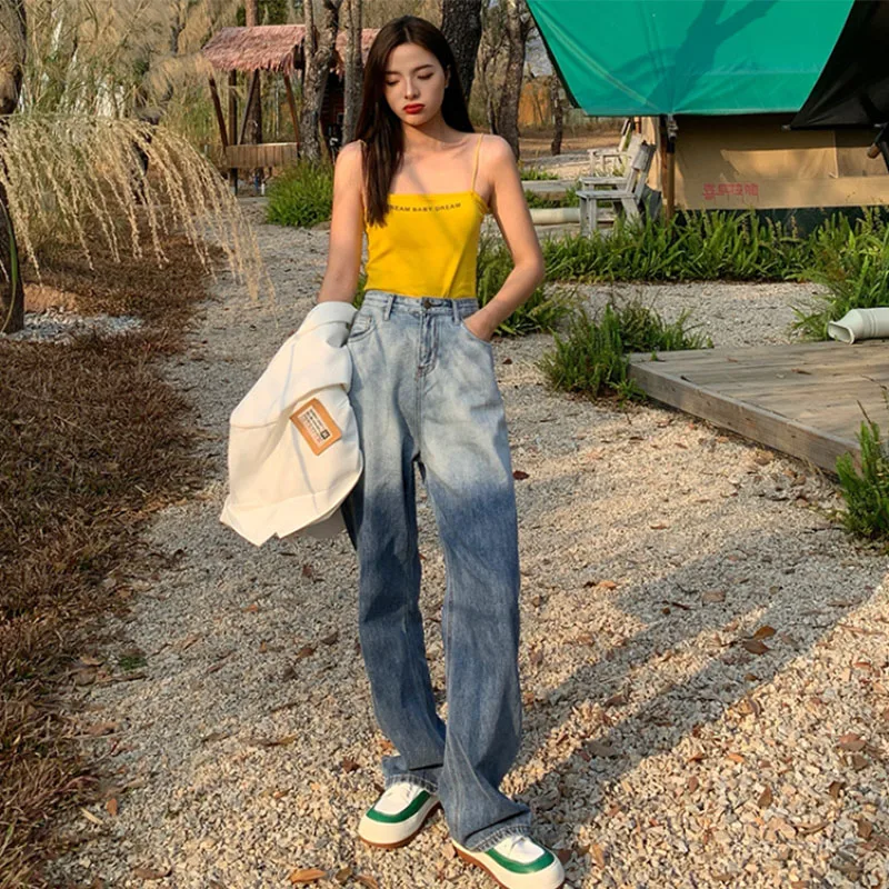 2022 Trend Jean for Women Korean Fashion Streetwear Blue Gradient Wide-Leg Jeans High Waist Loose Straight Fit Slim Mopping Pant madewell jeans