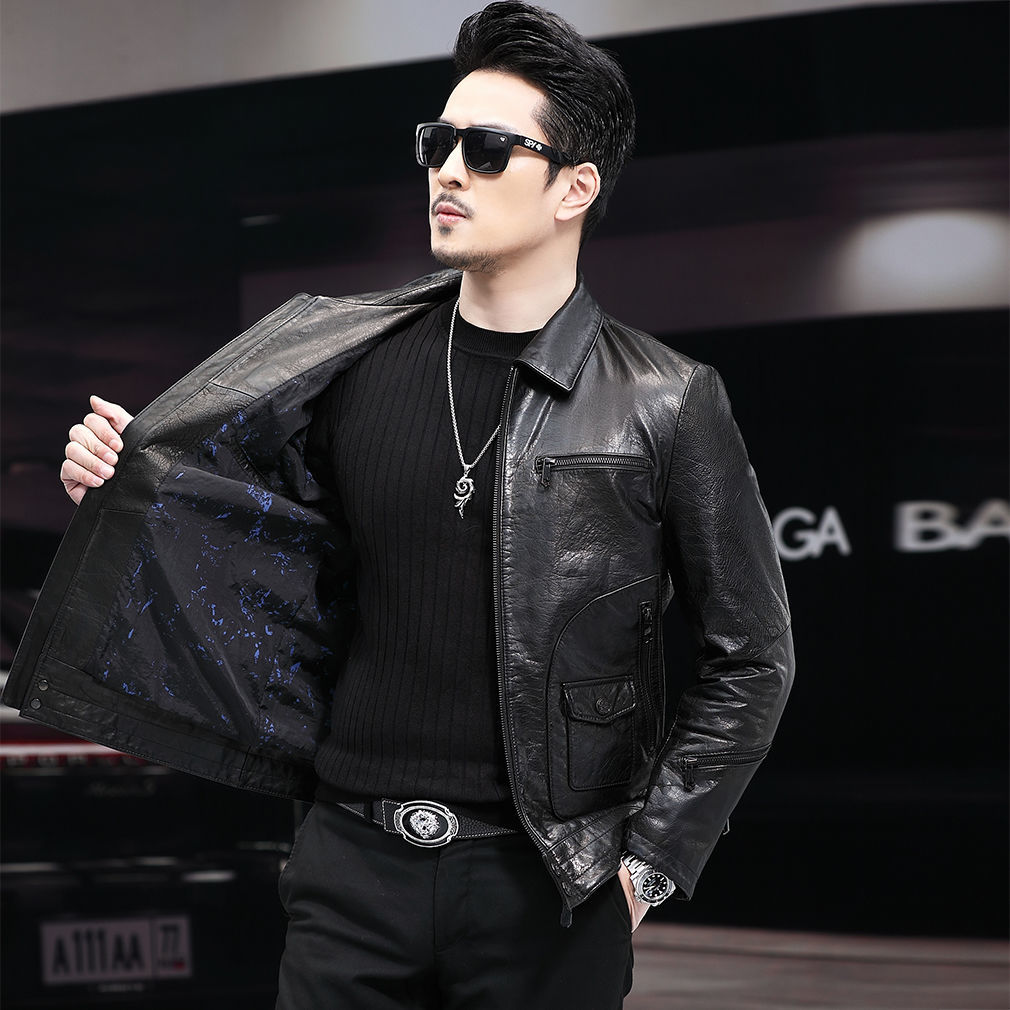 Description Picture 4 of item2022 Spring Autumn Men New Motorcycle Lapel Jackets Male Slim Fit Real Leather Coats Men Genuine Cow Leather Outerwear N90