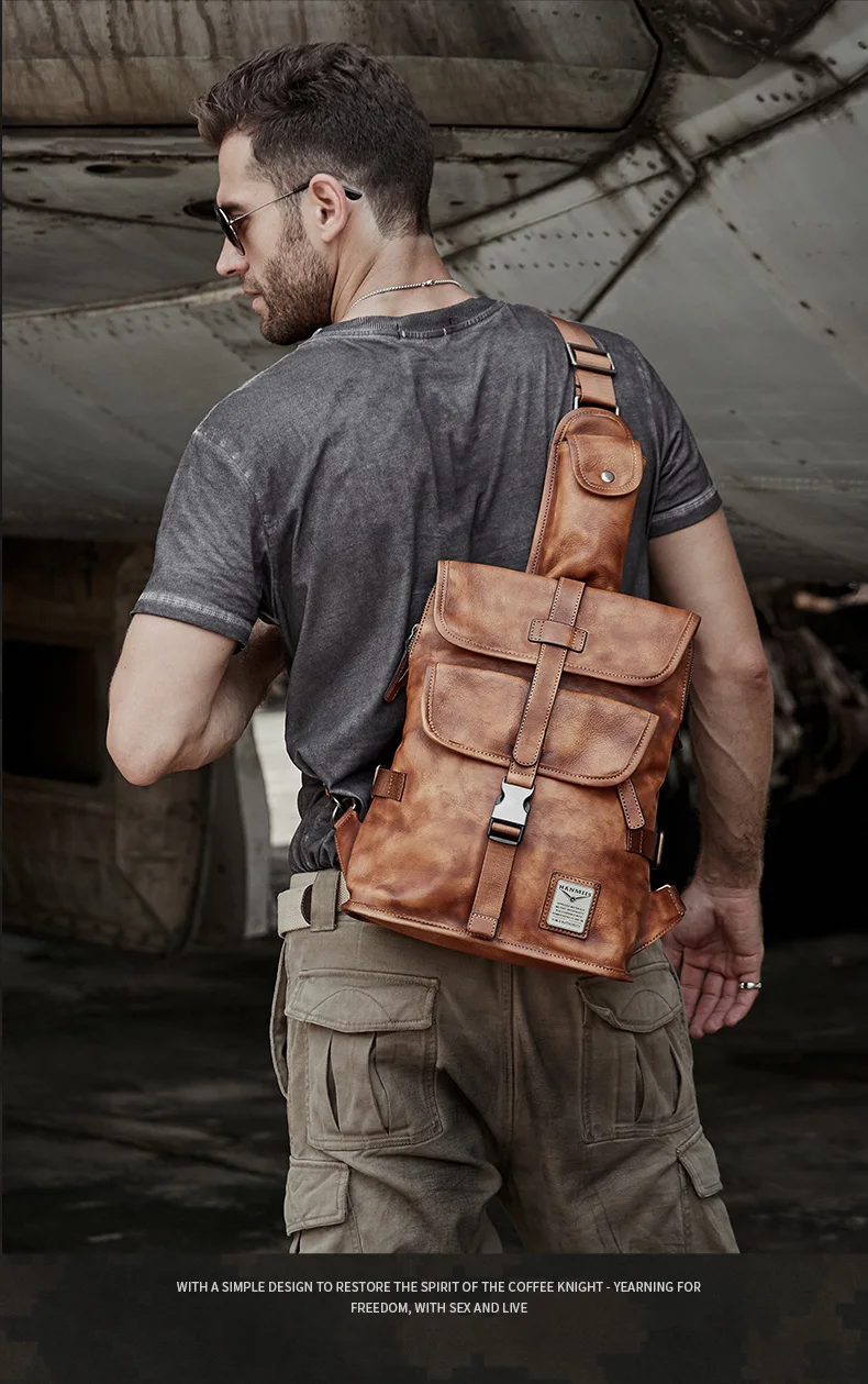 Hanmiis First Layer Cowhide Messenger Bag B6 Paratrooper Military Bag Portable Chest Bag Genuine Leather New Retro Men's Bag Lei