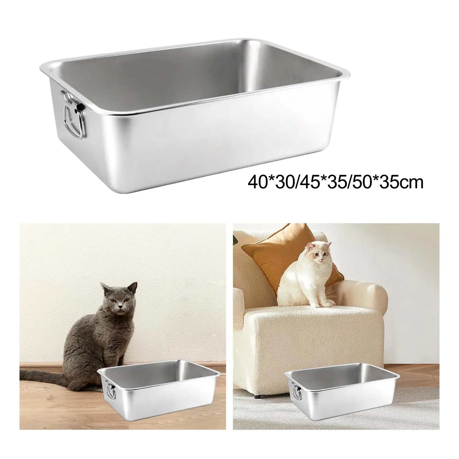 Open Litter Box Indoor Cats Stainless Steel Litter Toilet Large Kitten Litter Pan for Single & Multi Cat Homes Bunny