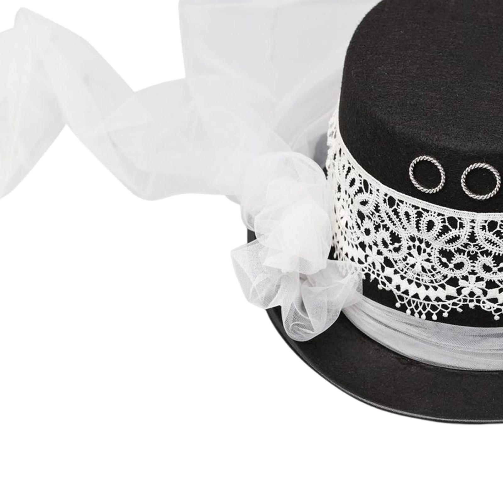 Vintage Women Steampunk Top Hat White Lace Decor Veil Costume Hat, Masquerade Costume Party Jazz Hat Made of Thick Felt Gift