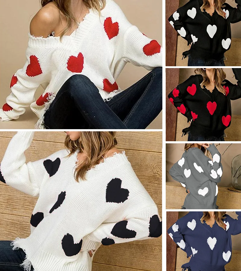 christmas sweatshirt Women Loose Valentine's Day Sweater Heart Print Long Sleeve V-Neck Pullovers Spring Autumn Casual Knitted Tops black cardigan