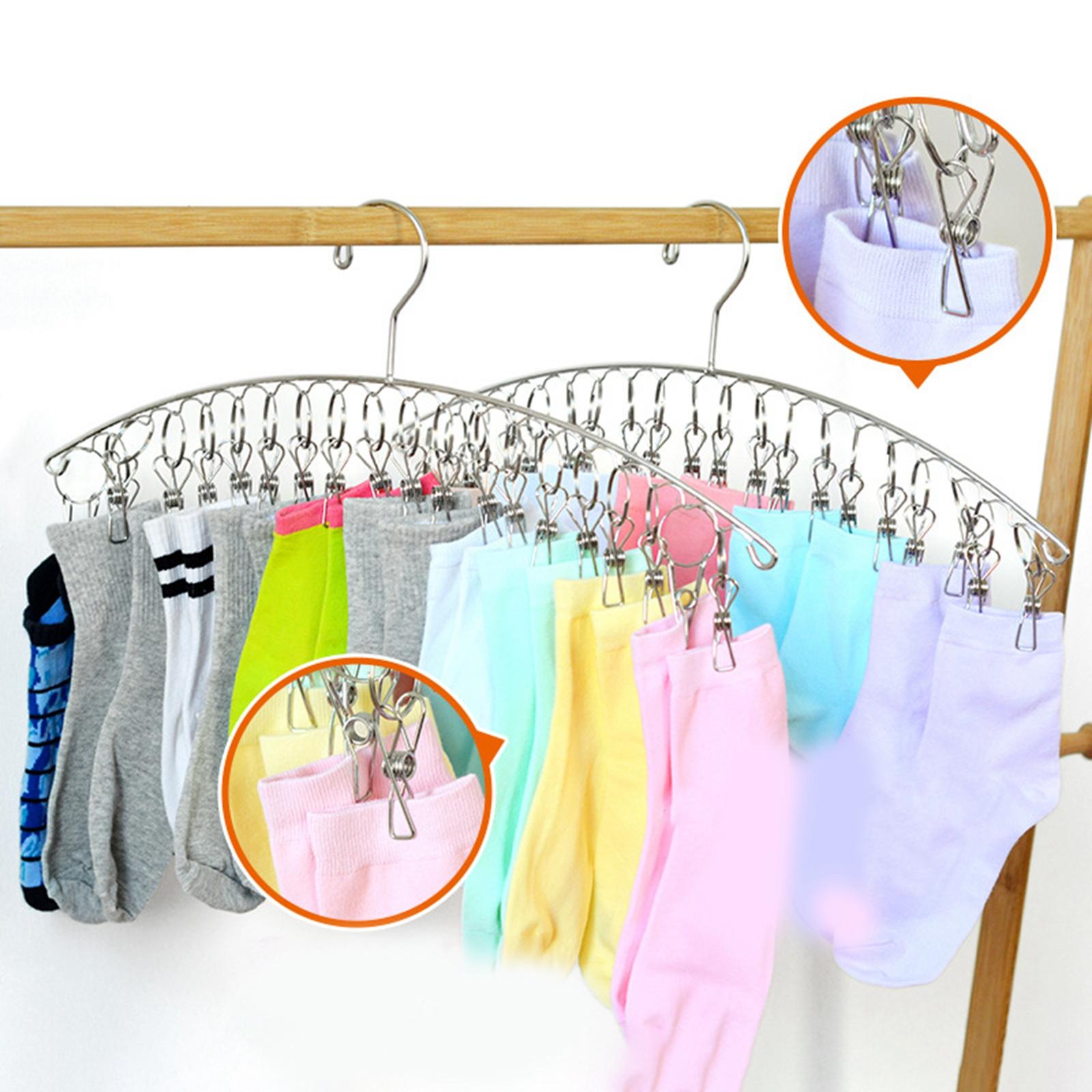 2x Clothes Drying Rack,  with 20 Sock Clips Stainless Steel Multifunctional Clothespin for Drying Socks Ties Hats Mask 