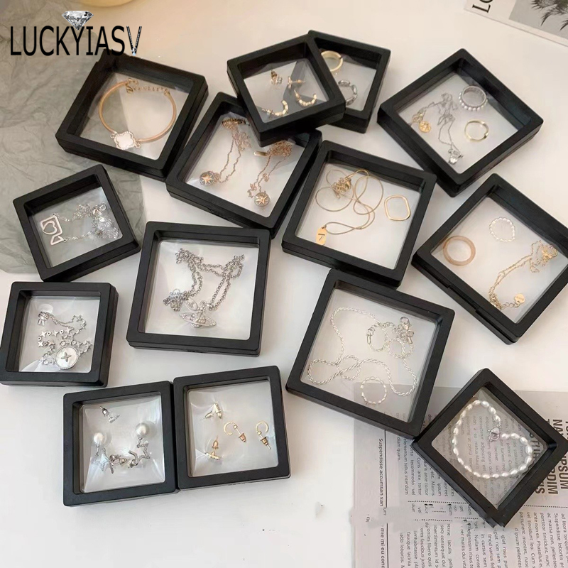 PE Film Black Jewelry Storage Box 3D Packaging Case Gemstone Free Stand Floating Frame Membrane Ring Earrings Necklace Display