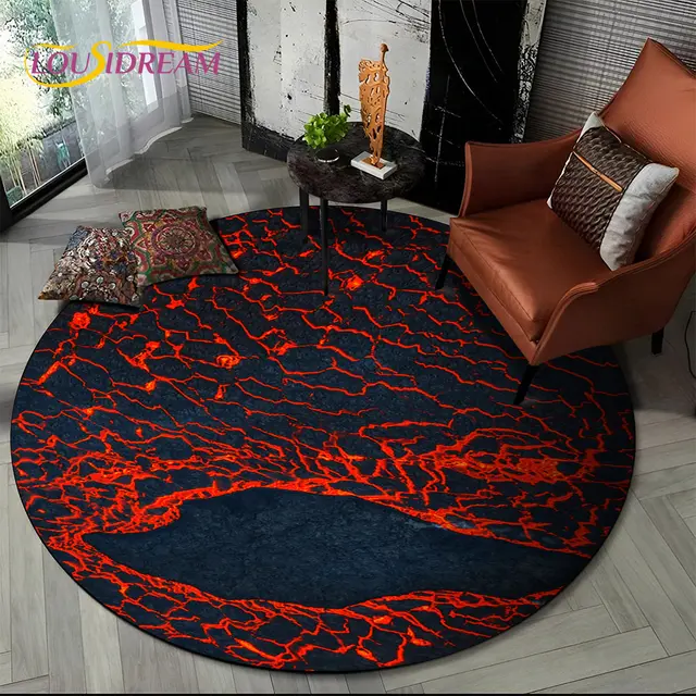 3D Volcano Lava Magma Area Rug,Round Carpet Rug for Living Room Bedroom  Footpad Pet Mat Decoration,Kid Play Non-slip Floor Mat