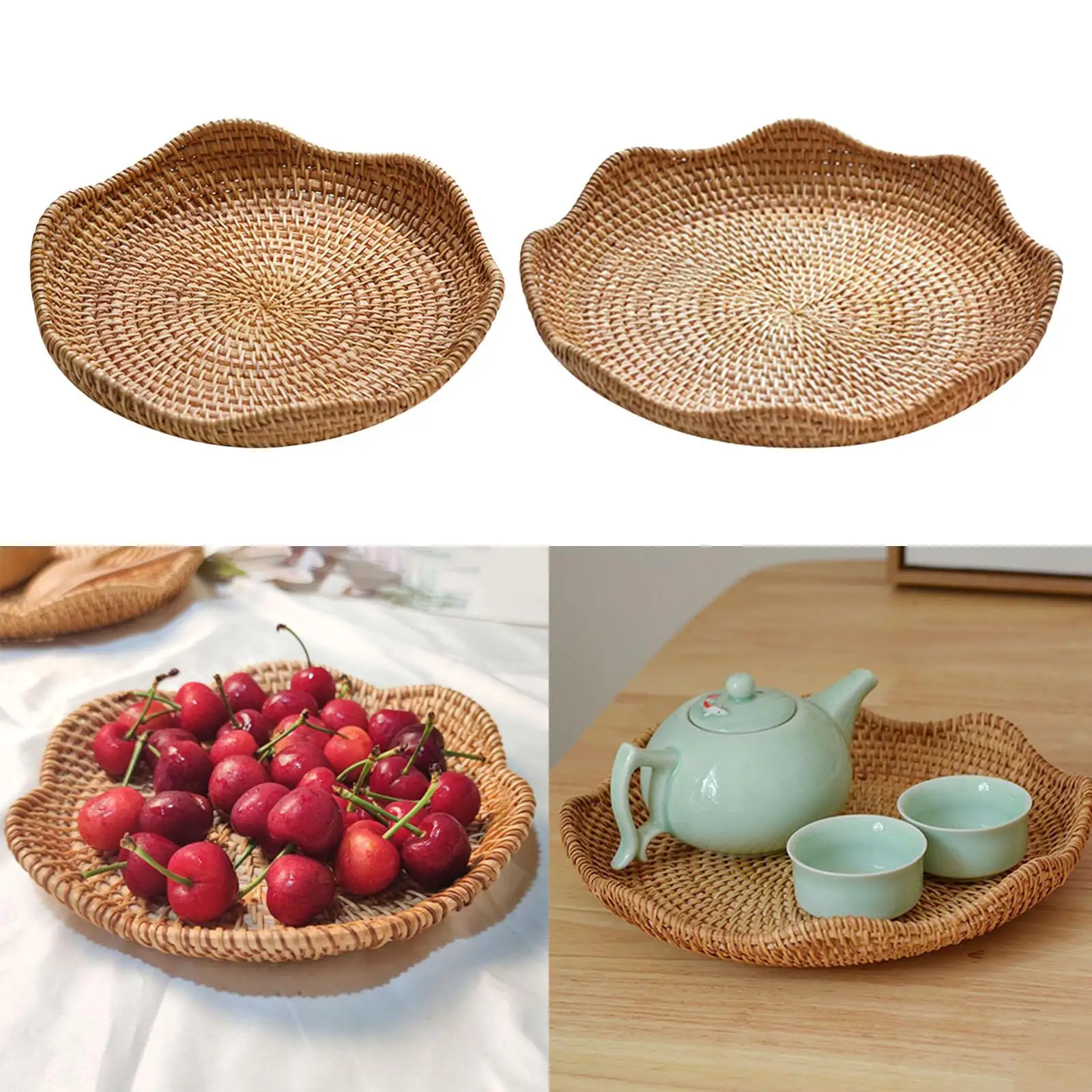 Rattan Round Serving Tray Food Storage Wicker Tray for Countertop Dinner Table Centerpiece