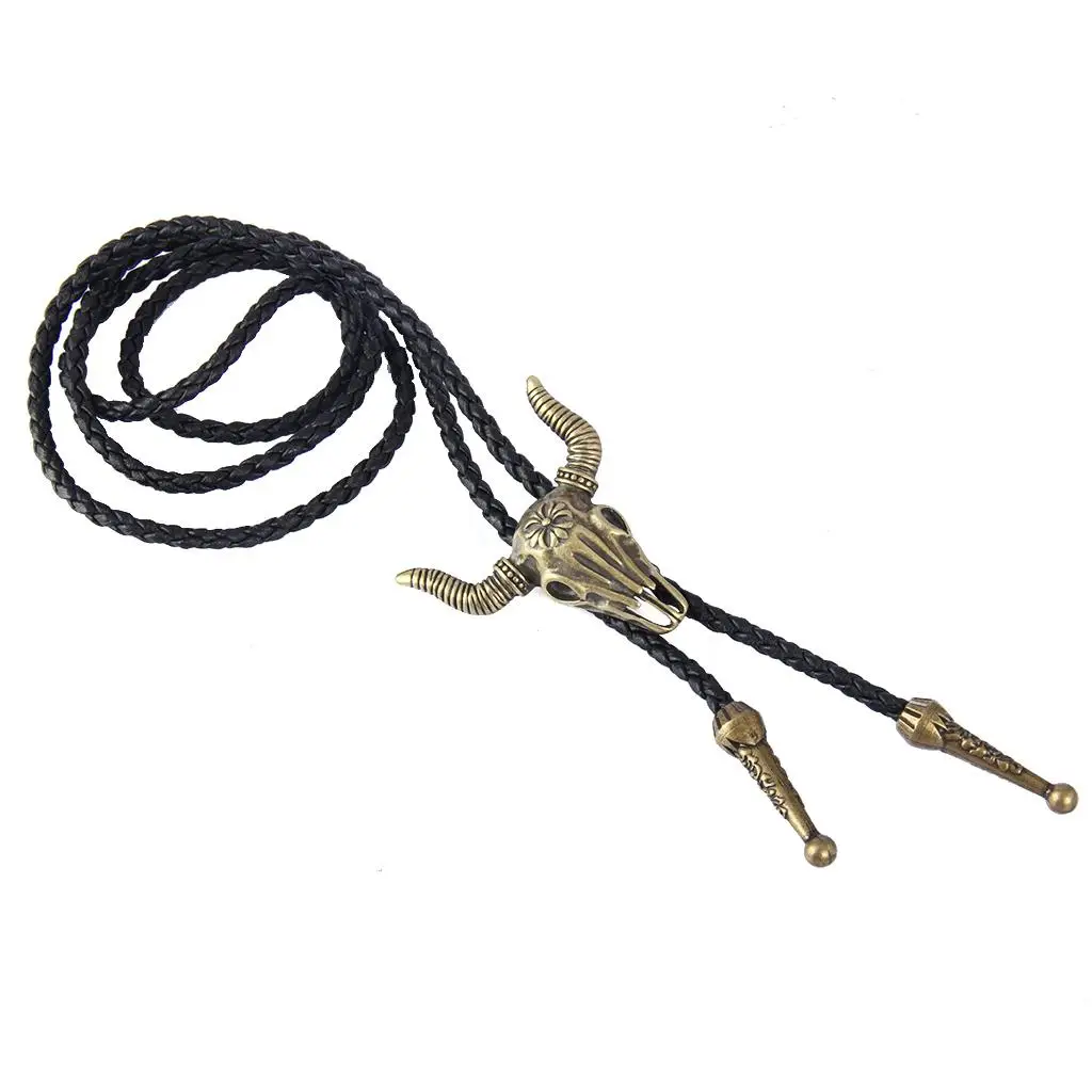 Western Longhorn Cow Skull Leather Rodeo Bolo Tie  for Men - Bronze, As Described